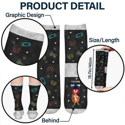 Personalized Crew Socks with Seated Gamer Cartoon, Pixel Quote, Unique Gift for Gamers