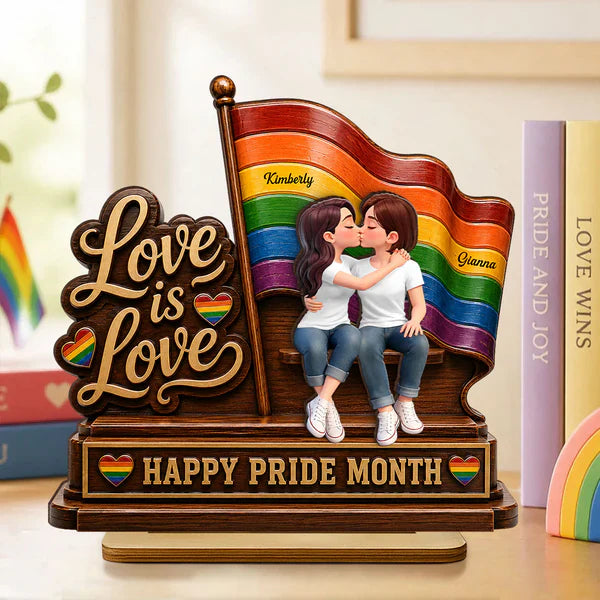 Personalized 2-Layer Wooden Plaque, LGBTQ Couple Kissing by Rainbow Flag, Unique Pride Month Gift
