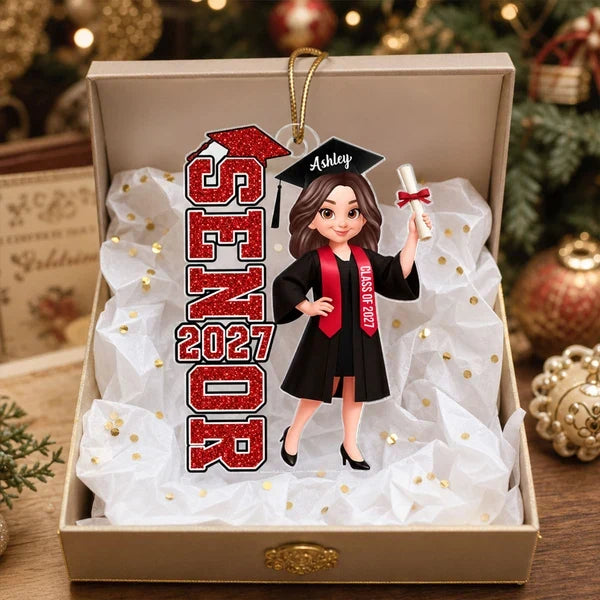 Personalized Acrylic Ornament, Proud Senior in Cap and Gown Holding Diploma, Creative Keepsake Gift for Graduate