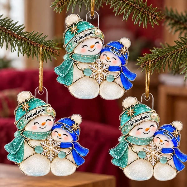 Personalized Acrylic Ornament, Teal and Blue Grandma and Grandchild Snowmen, Unique Christmas Gift for Grandma