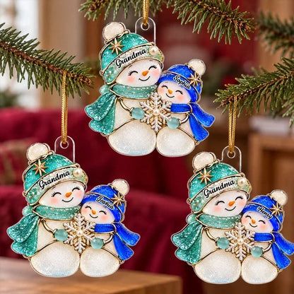 Personalized Acrylic Ornament, Teal and Blue Grandma and Grandchild Snowmen, Unique Christmas Gift for Grandma
