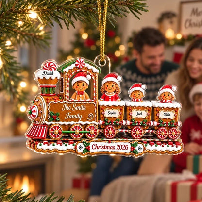 Personalized Acrylic Ornament, Gingerbread Family Train on a Christmas Tree, Unique Holiday Gift for Family