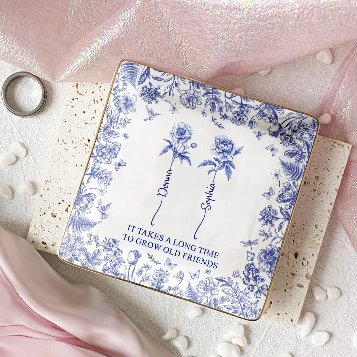 "It Takes a Long Time to Grow Old Friends" Personalized Jewelry Dish – Custom Gift for Friends and Sisters
