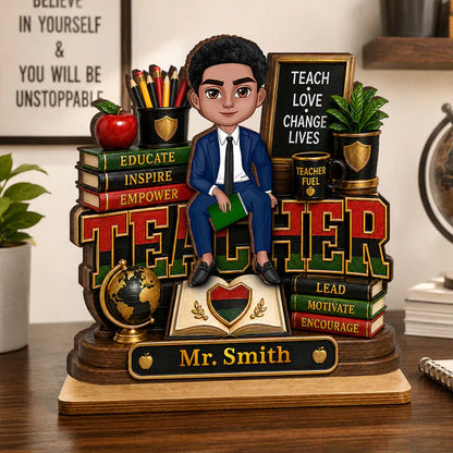 Personalized Wooden Plaque for Teacher, Sitting Classroom Illustration, Unique Creative Gift for Educators