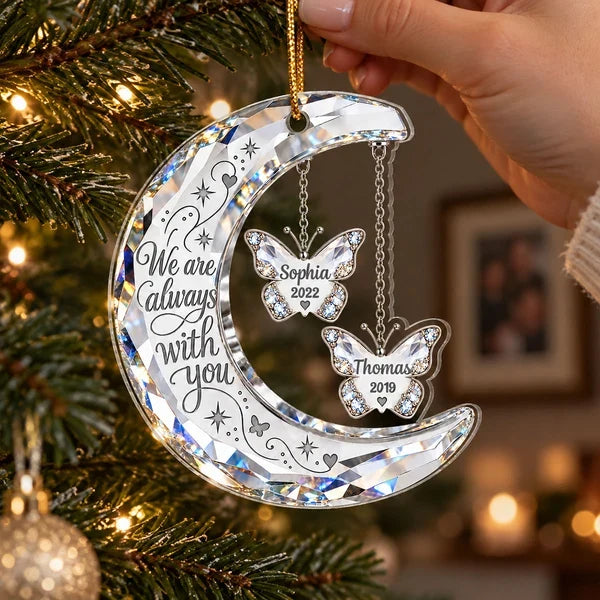 Personalized Acrylic Ornament, Crescent Moon and Butterfly Memorial for Evergreen Display, Unique Sympathy Gift