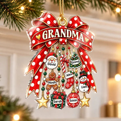 Personalized Acrylic Ornament with Red Bow and Festive Charms, Unique Christmas Gift for Grandma
