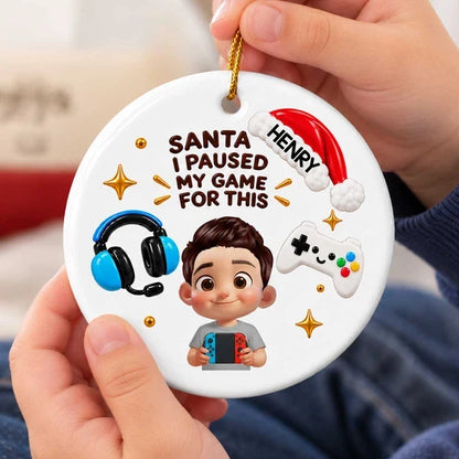 Personalized Ceramic Ornament, Cartoon Gamer Holding Controller by Christmas Tree, Unique Gift for Young Gamers