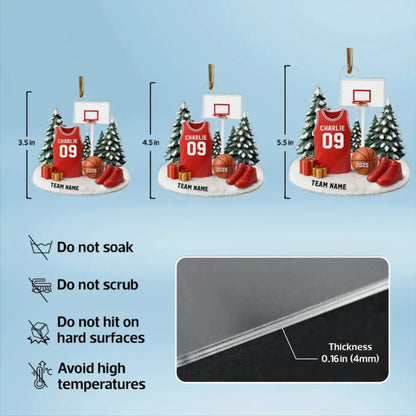 Basketball Acrylic Ornament for Christmas Tree, customizable details, snowy court scene, perfect gift for players, fans, and coaches
