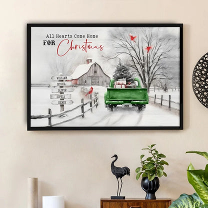 Personalized Snowy Country Christmas Family Name Canvas/Poster, Watercolor Barn & Evergreen Truck Modern Wall Art, Creative Holiday Gift