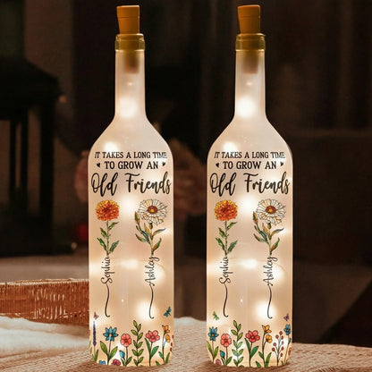 Personalized Bottle Lamp with Old Friends Quote and Floral Design, Cozy Bedroom Decor, Unique Gift for Best Friend