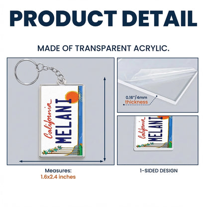 State License Plate Acrylic Keychain, California MELANI Design, Beach Sunset Style, Unique Travel Gift