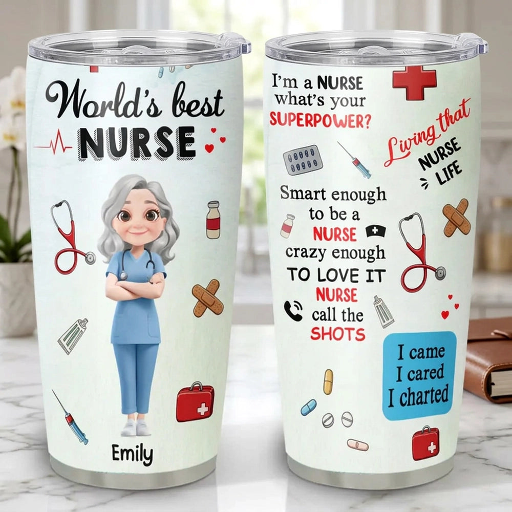 Personalized Insulated Travel Tumbler for Nurses - World's Best Nurse Cute Cartoon Design, Unique Gift for Her