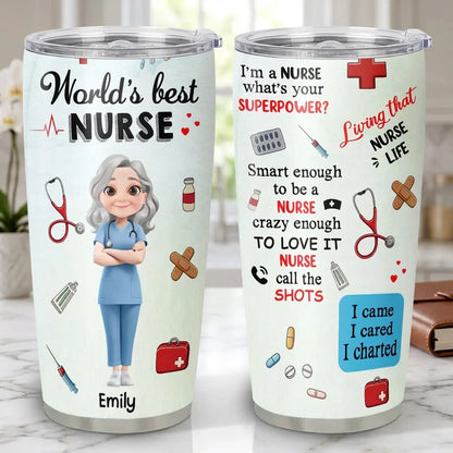 Personalized Insulated Travel Tumbler for Nurses - World's Best Nurse Cute Cartoon Design, Unique Gift for Her