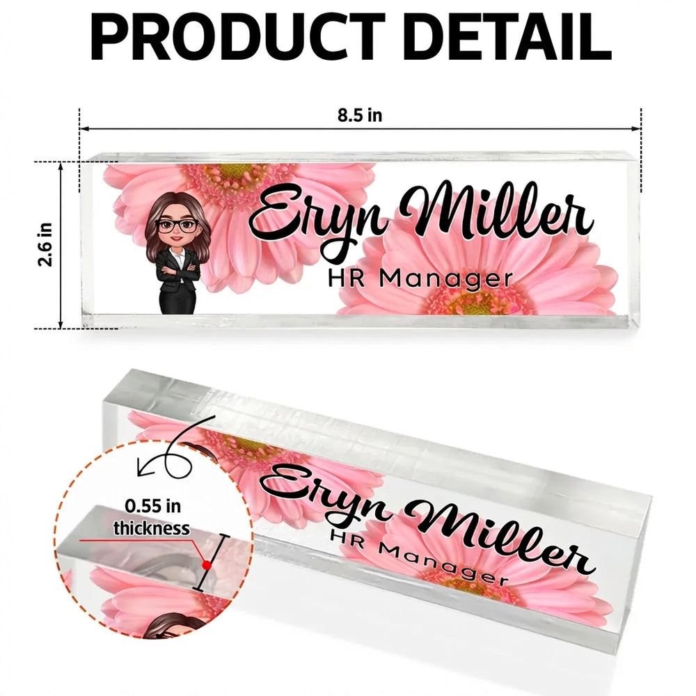 Personalized Rectangle Acrylic Block Plaque with Daisy Office Character, Unique Desk Decor Gift for Coworker or Boss
