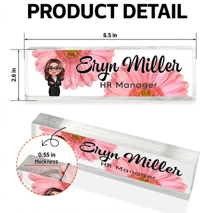 Personalized Rectangle Acrylic Block Plaque with Daisy Office Character, Unique Desk Decor Gift for Coworker or Boss