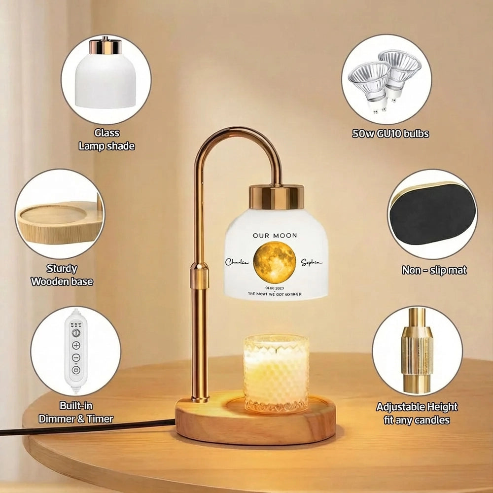 Personalized Our Moon Candle Warmer Lamp With Custom Moon Phase, Cozy Bedroom Decor, Unique Anniversary Gift for Couple