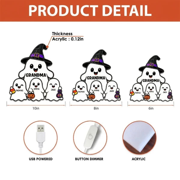 Personalized Acrylic Light Box, Cute Ghost Grandma Halloween Decor, Unique Gift With Warm Glow