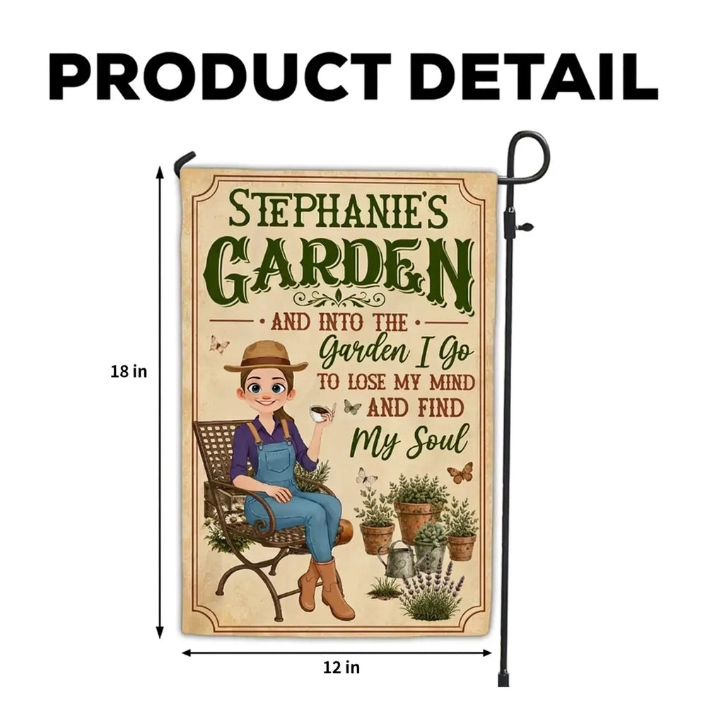 Personalized Garden Flag With Sitting Gardener, Plants & Butterflies, Unique Gift For Plant Lovers