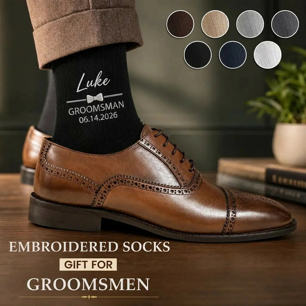 Personalized Embroidered Combed Cotton Socks, Unique Wedding Gift for Groomsmen with Bow Tie Detail