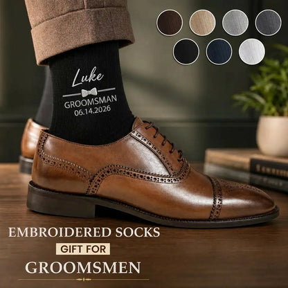 Personalized Embroidered Combed Cotton Socks, Unique Wedding Gift for Groomsmen with Bow Tie Detail