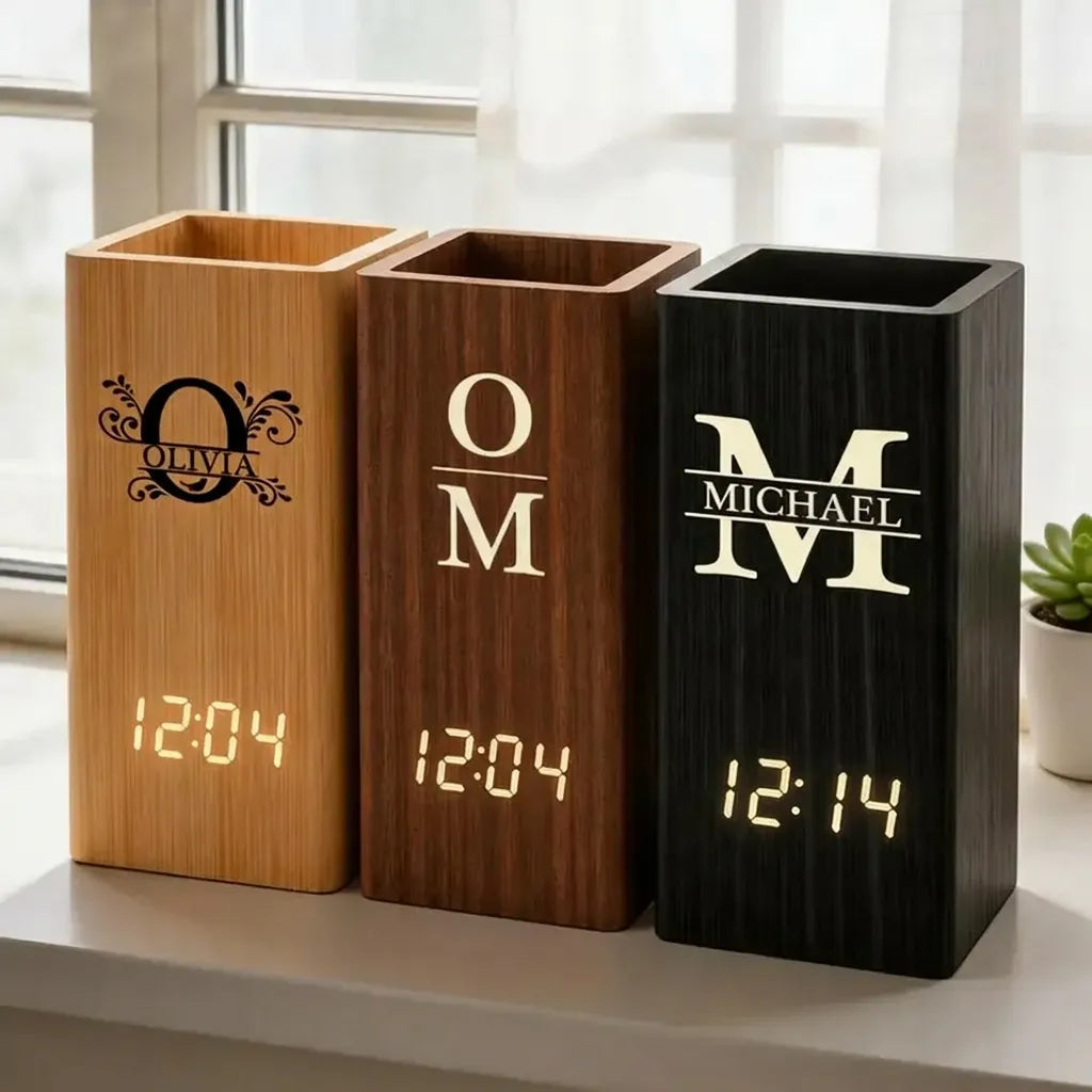 Thoughtful Wooden Pen Holder Clock, Personalized Desk Keepsake, Creative Gift for her him