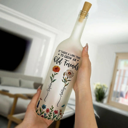 Personalized Bottle Lamp with Old Friends Quote and Floral Design, Cozy Bedroom Decor, Unique Gift for Best Friend