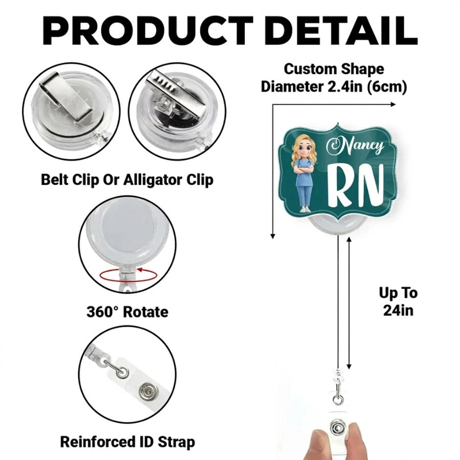 Personalized Acrylic Badge Reel with RN Nurse Illustration, Unique Creative Gift for Nurses