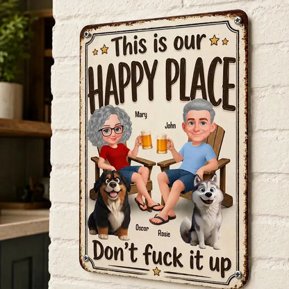 Personalized Rectangular Iron Sign, Vintage Happy Place Couple & Dogs, Unique Creative Gift for Home