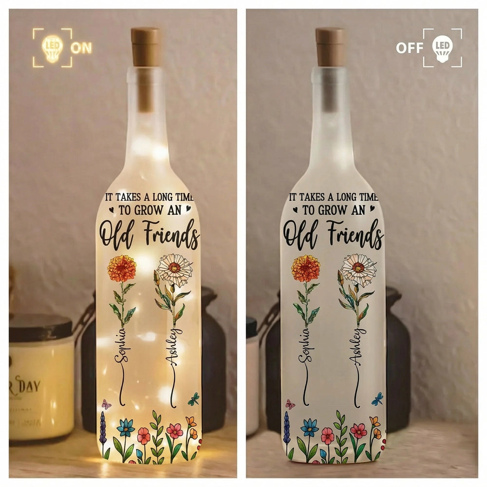 Personalized Bottle Lamp with Old Friends Quote and Floral Design, Cozy Bedroom Decor, Unique Gift for Best Friend