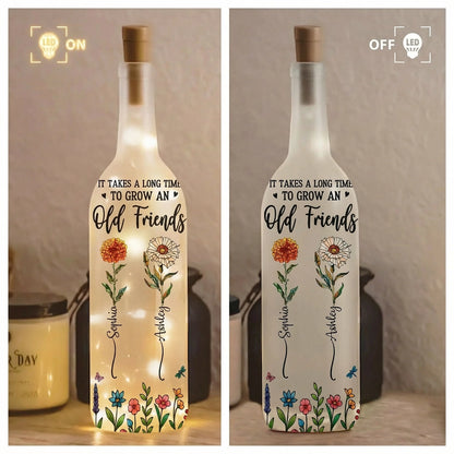 Personalized Bottle Lamp with Old Friends Quote and Floral Design, Cozy Bedroom Decor, Unique Gift for Best Friend