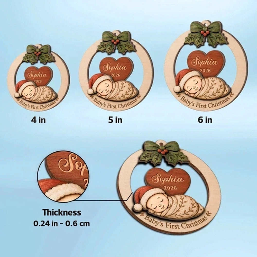 Personalized 2-Layer Wooden Ornament, Sleeping Baby's First Christmas Keepsake, Unique Gift for New Parents