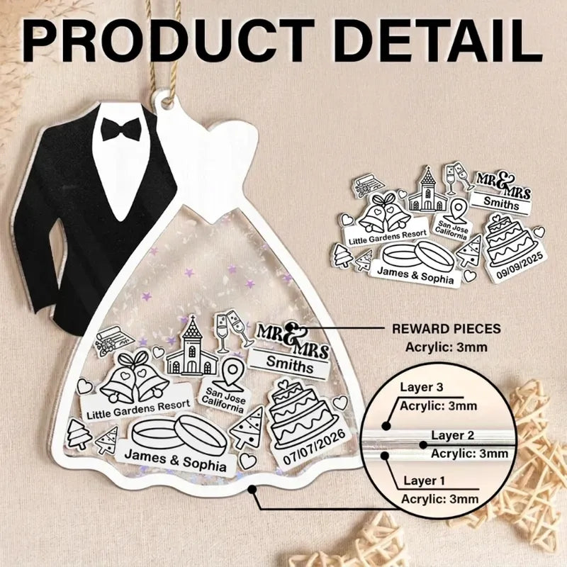 Personalized Acrylic Shaker Ornament, Black and White Bride and Groom Design, Unique Wedding Gift for a Couple