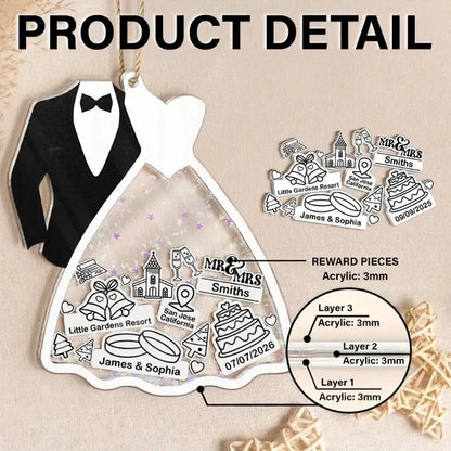 Personalized Acrylic Shaker Ornament, Black and White Bride and Groom Design, Unique Wedding Gift for a Couple