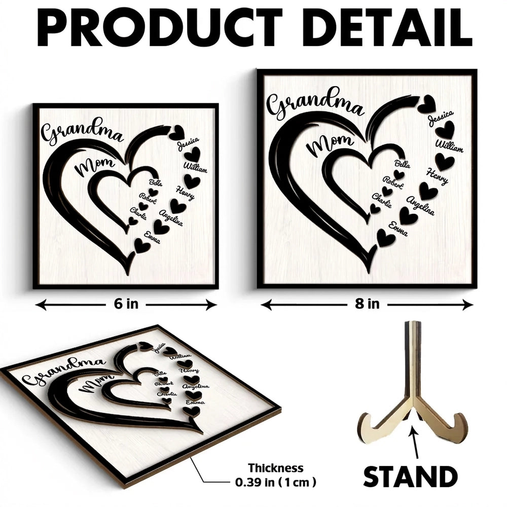 Personalized 2-Layer Wooden Plaque Heart-in-Heart Family Display, A Unique Gift For Grandma Or Mom