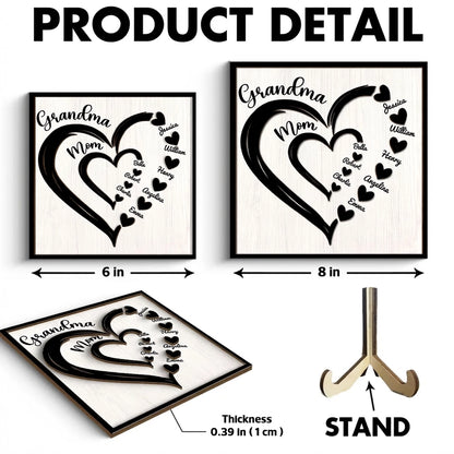 Personalized 2-Layer Wooden Plaque Heart-in-Heart Family Display, A Unique Gift For Grandma Or Mom