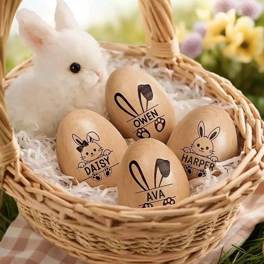 Personalized Bunny Wooden Egg Shaker - Cute Custom Easter Basket Gift for Kids, Sweet Keepsake Surprise