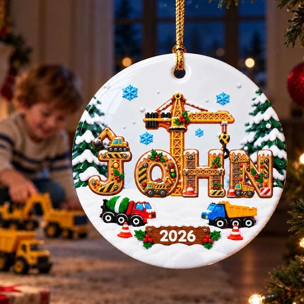 Personalized Ceramic Ornament with Bright Christmas Construction Trucks, Unique Gift for Kids and Grandkids