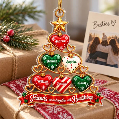 Personalized Acrylic Ornament, Red and Green Heart Tree Design, Unique Christmas Gift for Best Friends