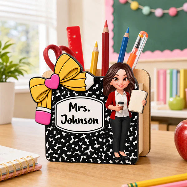 Personalized Wooden Pen Holder, Cute Cartoon Teacher Desk Organizer, Unique Creative Gift for Teacher