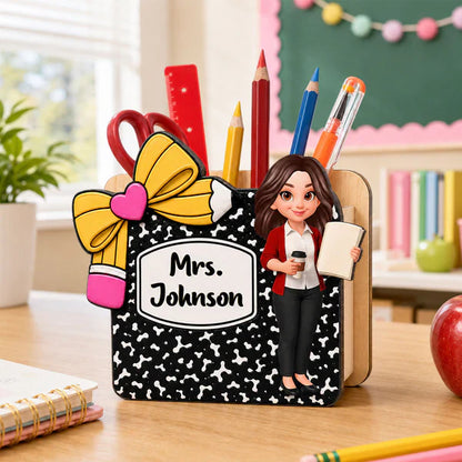 Personalized Wooden Pen Holder, Cute Cartoon Teacher Desk Organizer, Unique Creative Gift for Teacher