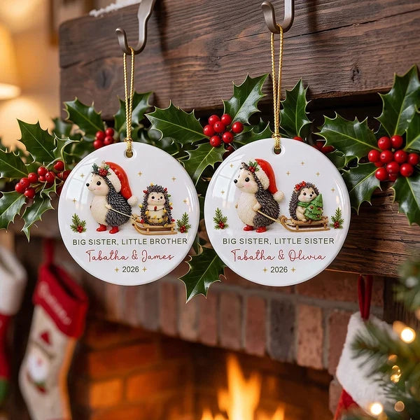 Personalized Ceramic Ornament, Sister Hedgehogs in a Snowy Sled Scene, Creative Keepsake Gift for Sisters