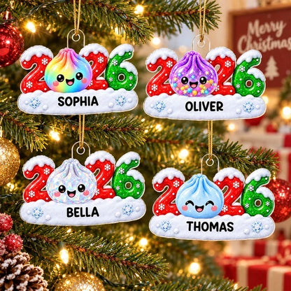 Personalized Acrylic Ornament with Cute Rainbow Dumpling and Snowflakes, Unique Christmas Gift for Kids