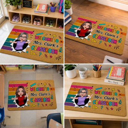 Personalized Doormat With Waving Teacher Illustration, Colorful Classroom Decor, Unique Gift For Teacher