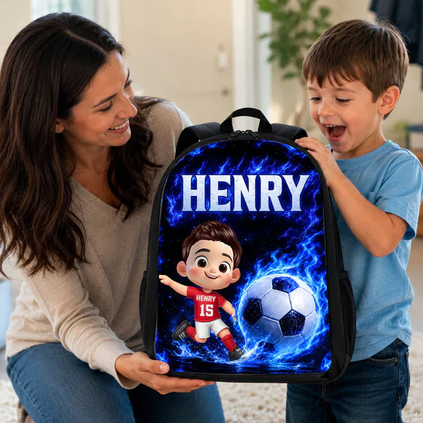 Personalized Kids School Backpack, Soccer Cartoon Design, Unique Back to School Gift for Son or Daughter