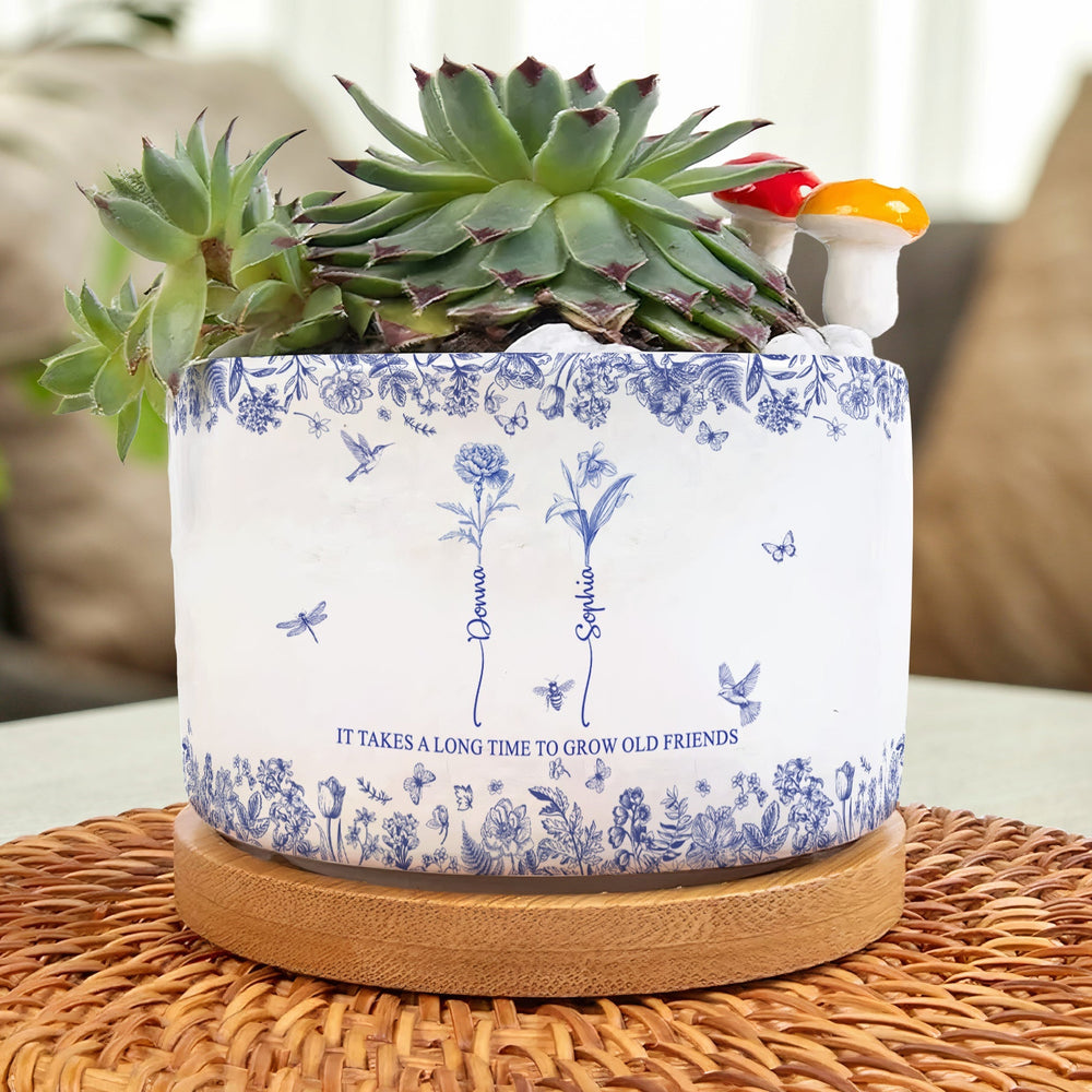 custom ceramic flower pot Custom Ceramic Flower Pot for Best Friends – 'It Takes a Long Time to Grow Old Friends' Quote with Name & Floral Design