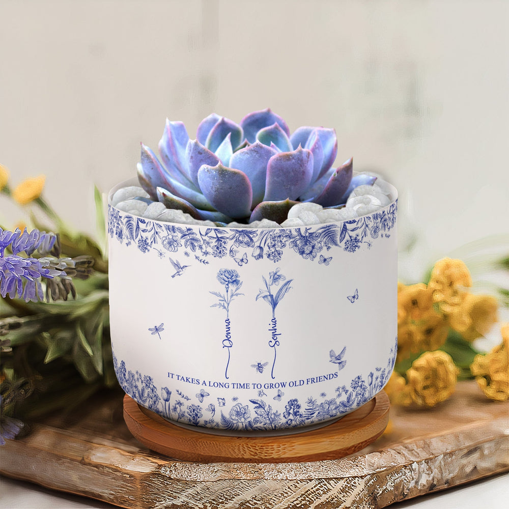 custom ceramic flower pot Custom Ceramic Flower Pot for Best Friends – 'It Takes a Long Time to Grow Old Friends' Quote with Name & Floral Design