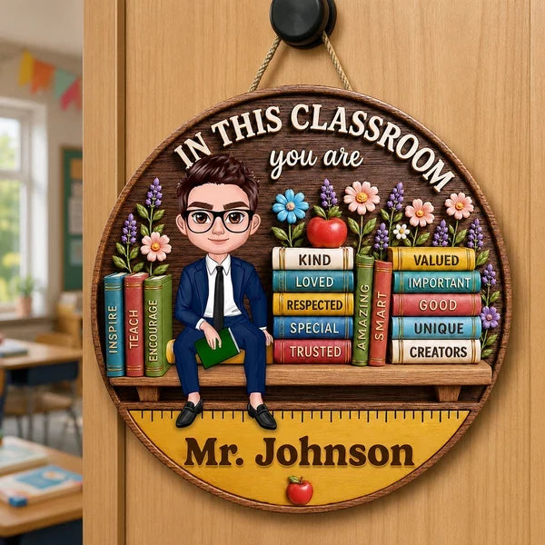 Personalized Wooden Sign with Seated Male Teacher, Classroom Door Decor, Unique Creative Gift