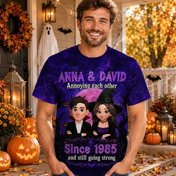 Personalized Printed Classic Tee, Halloween Couple with Arms Crossed Under a Full Moon, Unique Gift