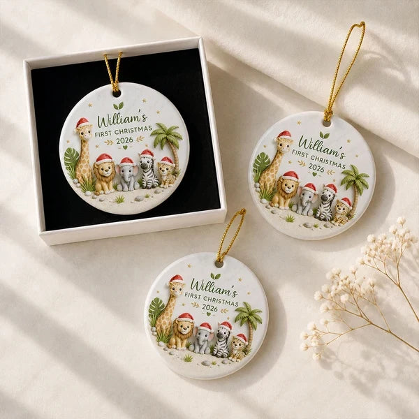 Personalized Ceramic Ornament, First Christmas Safari Animals, Unique Gift for New Parents and Baby