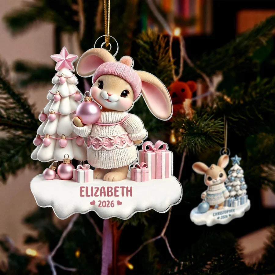 Personalized Acrylic Ornament, Pink Bunny Holding a Bauble by a Snowy Christmas Tree, Unique Gift for Kids
